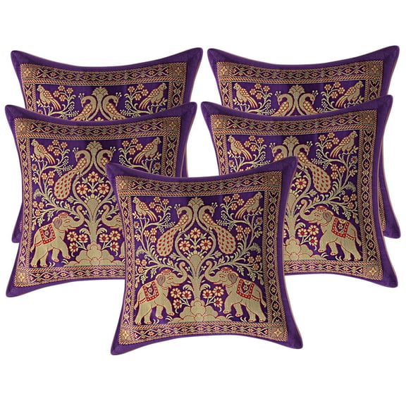 Stylo Culture Ethnic Chair Seat Throw Pillow Covers 12 x 12 Jacquard Peacock Purple Square 30cm x 30cm Home Decor Brocade Elephant Zippered Cushion Covers | Set Of 5