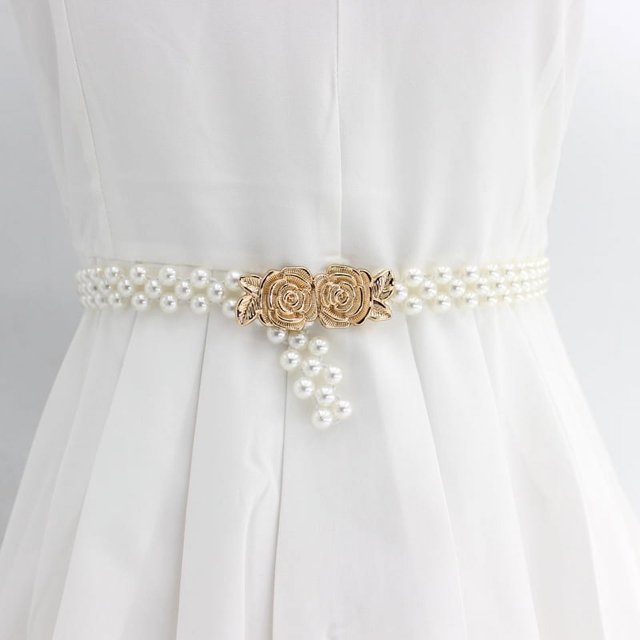 Cinturón elástico decorativo con cadena de perlas y diamantes de imitación para mujer, estilo coreano, con flores dulces