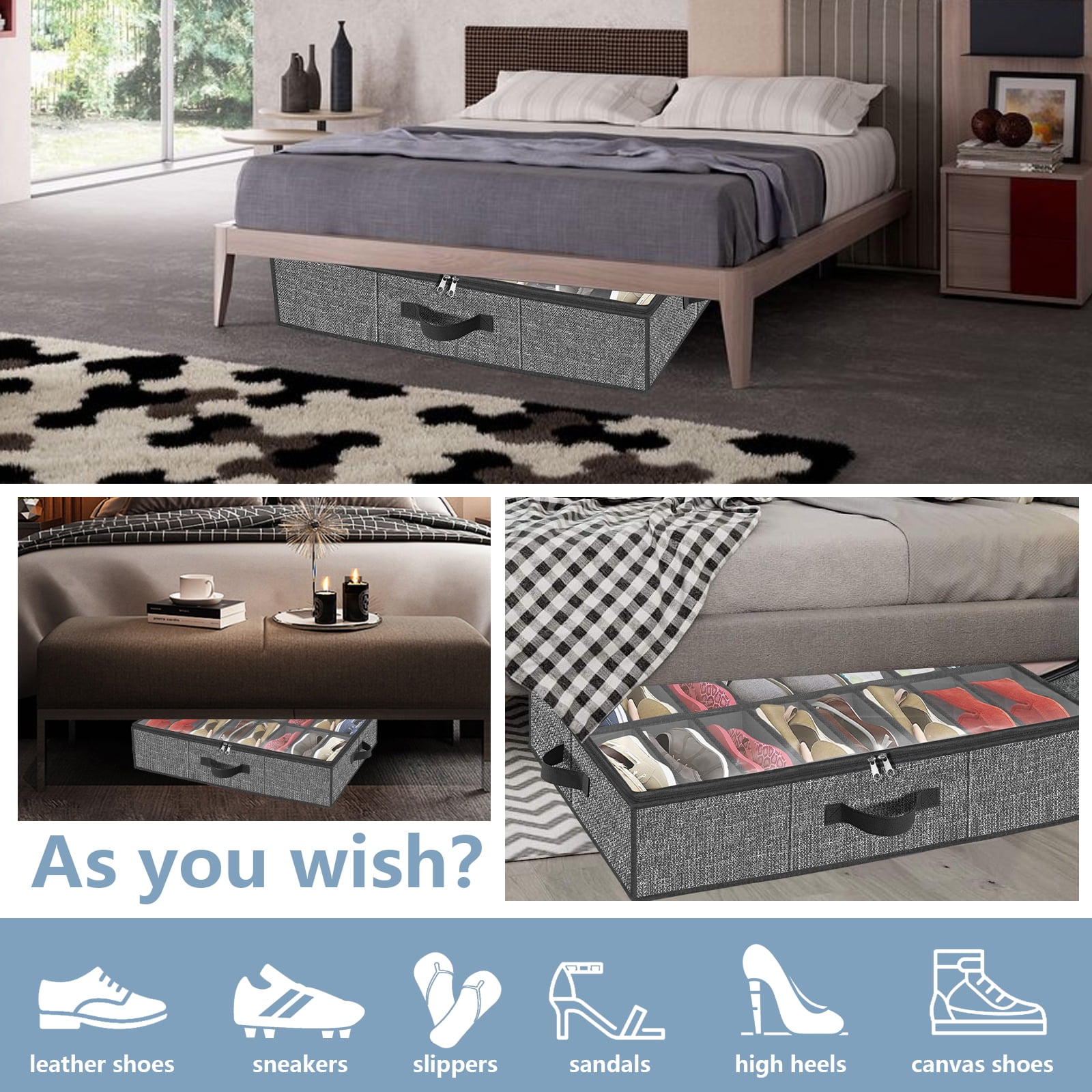 Homyfort 32 Pairs Under Bed Shoe Storage Organizer , Foldable Underbed Shoes Rack Container Box with Clear Window Handles for Men ,Women ,Kids (Rhombus Gray)