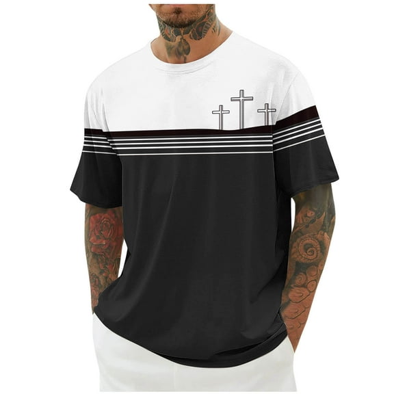 Stamzod Men's Fashion Patchwork Printing Summer Round Neck Short Sleeve Shirts Casual Loose Plus Size Tshirts Shirts for Men Black XL