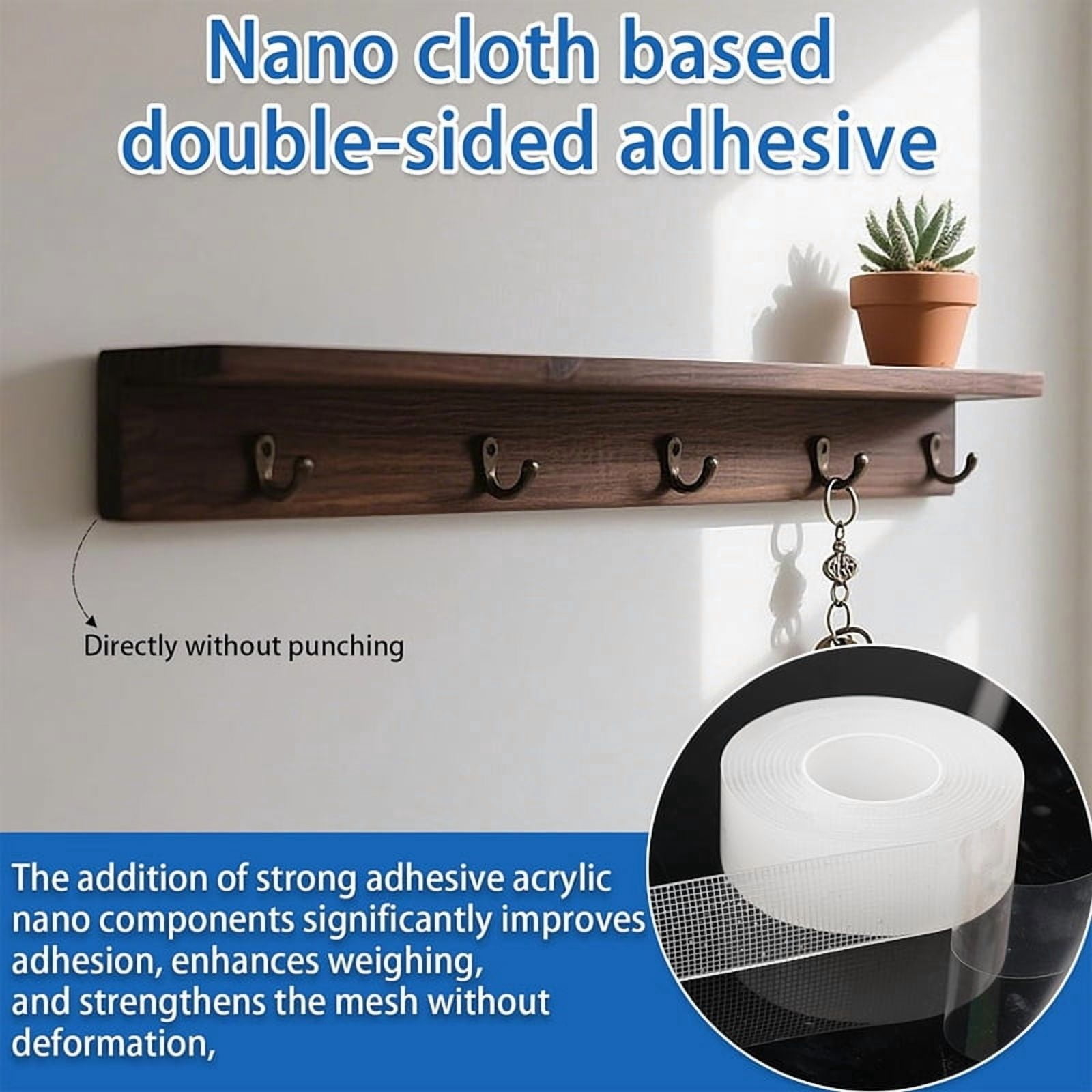 5m Nano Double-Sided Adhesive Tape - Ultra-Strong adhesion， Clear, Removable & Waterproof - Heavy-Duty, Extra Sticky Strip for E