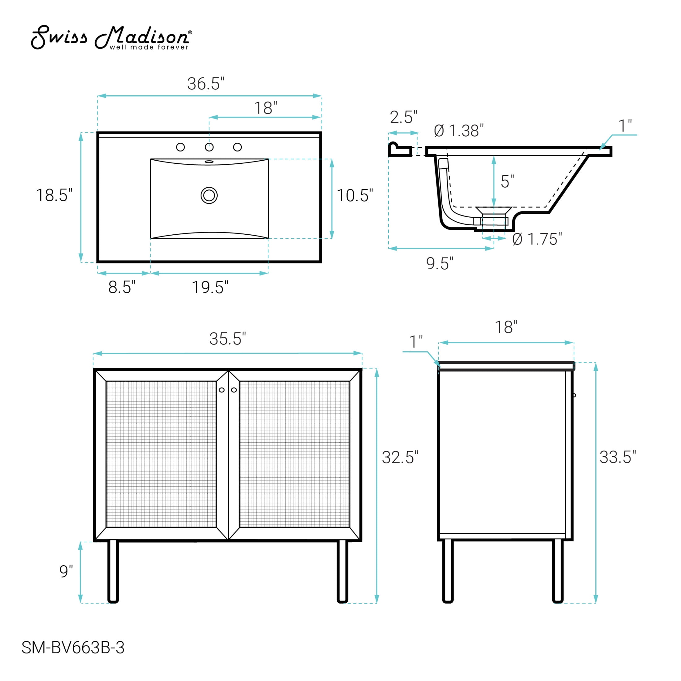Classe 36" Freestanding Bathroom Vanity in Black Oak with 3-Hole Widespread Sink Top