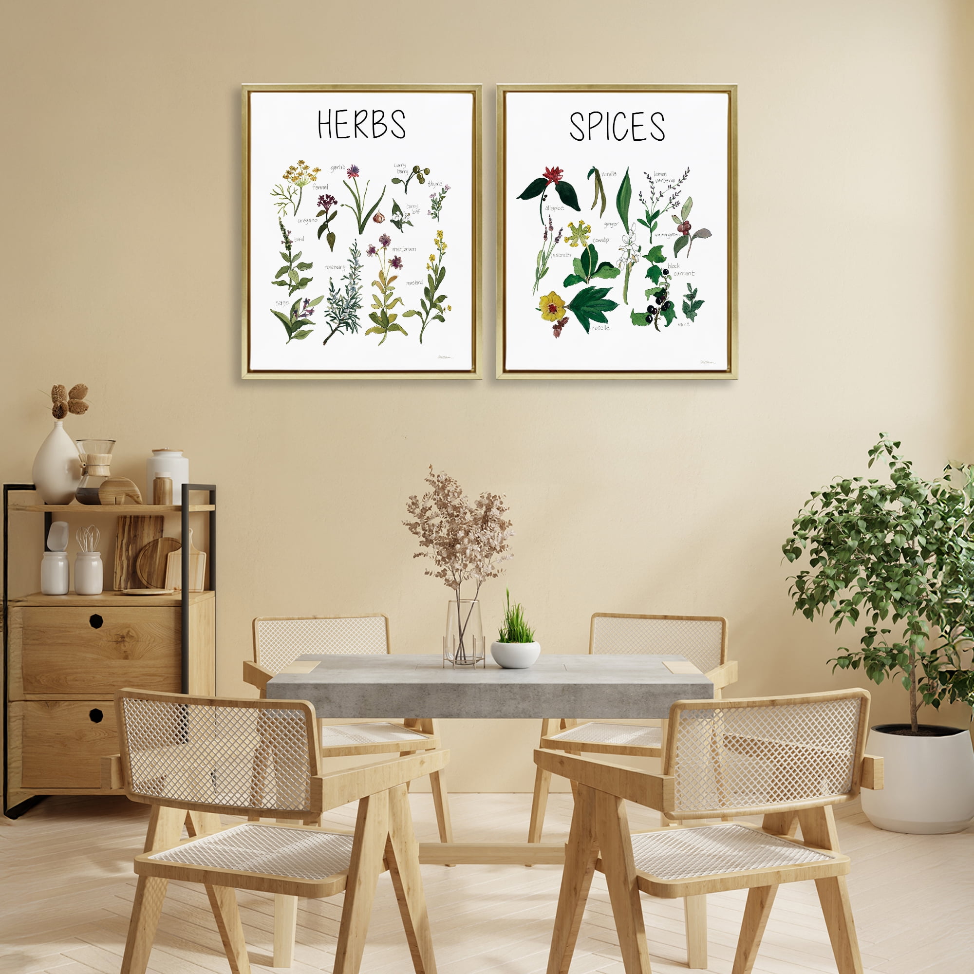 Stupell Industries Culinary Herbs & Spices 2 Piece Gold Framed Floater Canvas Set, design by Carol Robinson