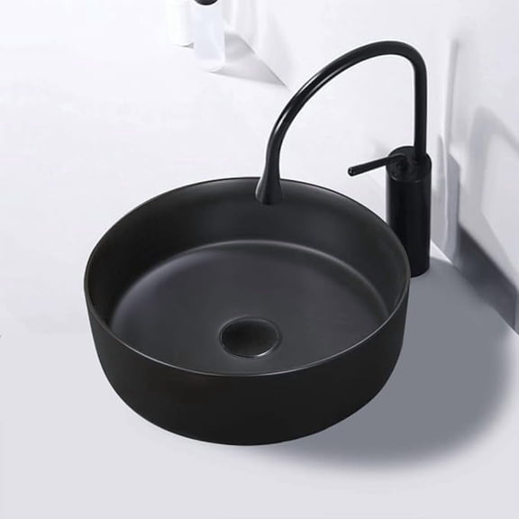 Winzo Round Bathroom Sink 14.2" x 14.2" Modern Cabinet Vessel Basin Countertop Lavatory Matte Black-WZ6176B