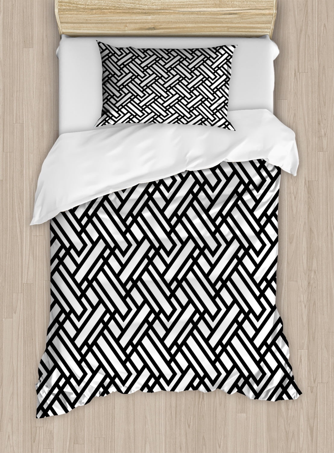 Black and White Twin Size Duvet Cover Set, Monochrome Interlocking
