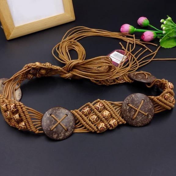 AWASD Wax Rope Hand Woven Belt for Women Bohemian Style Women's Belt Wide Waist Fashion Stretch Belt Fashionable Macrame Belt Festival Casual Beach Belt Vintage Handmade Waist Belt