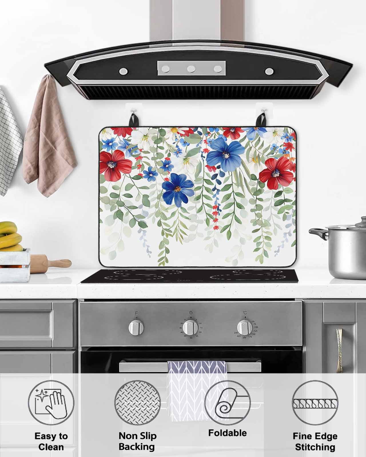nqOlkjepod Large Induction Cooktop Protector Mat 24"x21", Red Blue Flowers 4th of July Stove Top Covers for Electric Stove, Independence Day Botanical Stove Burner Cover Mats, Glass Top Stove Cover