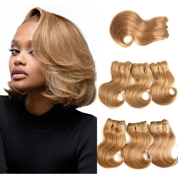 Brazilian Virgin Hair Extensions With Closure Short Hair 27# Honey Blonde  Wave  8 inch Bob Weave Human Hair (6  8 inches=about 230 grams or 8.11 ounces)