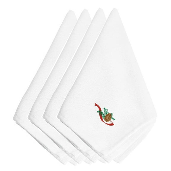 Christmas Single Pine Cone with Red Ribbon Embroidered Napkins Set of 4