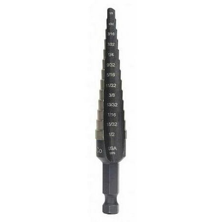 

Irwin Step Drill Bit 13 Hole Sizes 1/8 in to 1/2 in 1/32 in Step Increments Black Oxide Finish