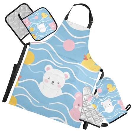 Cute Bears Duckies Dots Apron Set with Oven Mitts Pot Holders Set of 5 Kitchen Stuff Accessories