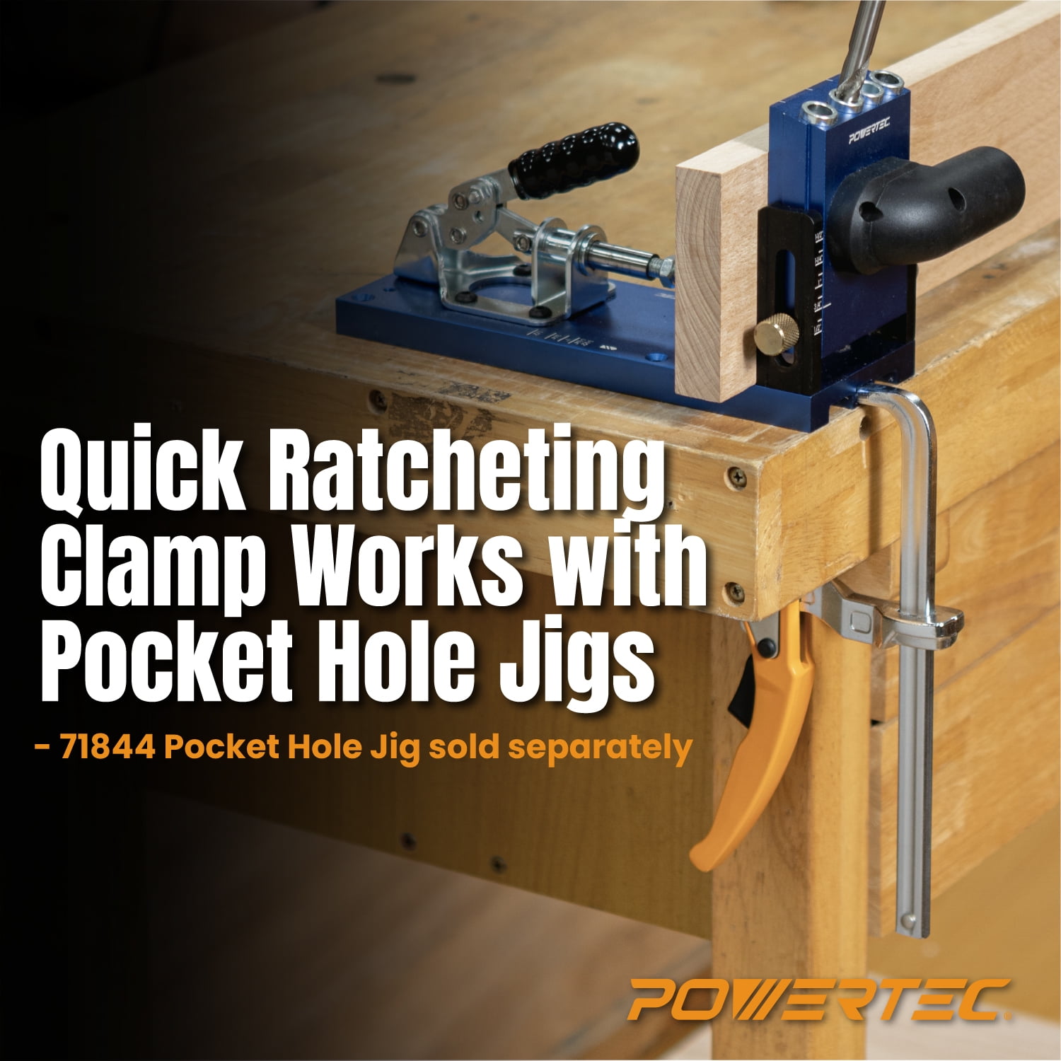 POWERTEC 71545 Quick Release Ratcheting Table Clamp for MFT and Guide Rail System, 7" Capacity x 2-3/8” Throat Depth, 3PK