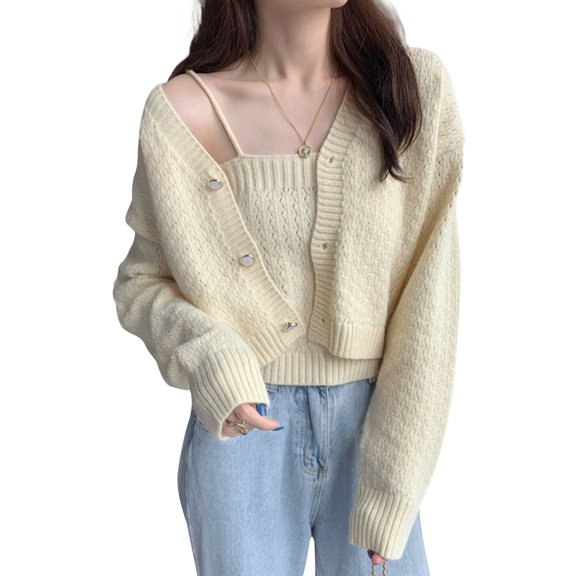 Women Elegant Preppy Style Long Sleeve Knit Button Down Cardigan Sweaters Solid Color 2 Pieces Camisole Crop Top Set