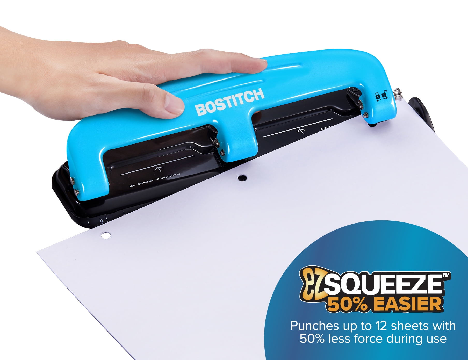 (2 pack) Bostitch EZ Squeeze 3 Hole Punch, 12 Sheet Capacity, Reduced Effort, Blue