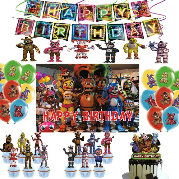 Night Freddy Party Decorations Freddy's Birthday Party Supplies include Banner ,Balloons,Cake Cupcake Toppers, Freddy's Background