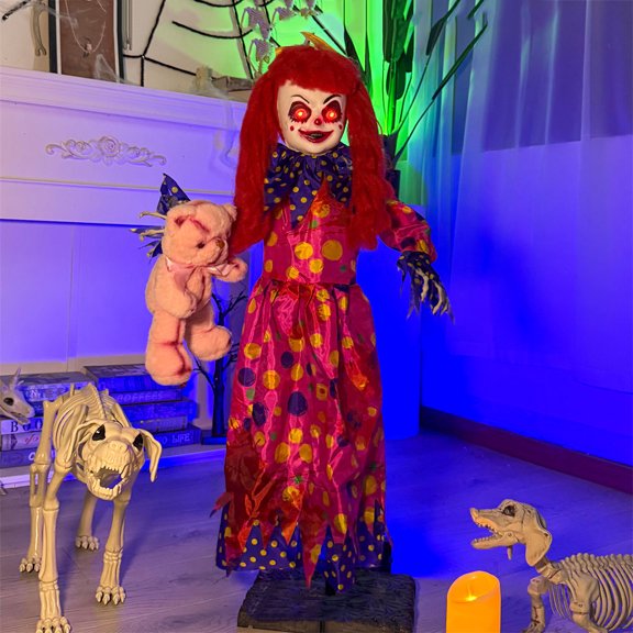 Outdoor Halloween Animatronics Decoration,Sound Touch Activated 35.4" Scary Standing Demon Clown Girl with Red Eyes,Sounds for Yard,Patio,Haunted House,Animated Shaking Body Zombie Girl with Bear