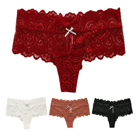 

rygai Women Panties Mid Rise See-through Bow-knot Decor Elastic Breathable Inside Wearing Solid Color Sexy Lace Ladies G-string Briefs for Daily Wear Wine Red M