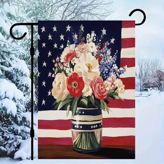 RKSupls Patriotic Linen Double Sided Garden Flag, Independence Day Themed Yard Decor, Patriotic Floral Arrangement Vase Outdoor Banner for Holiday Lawn