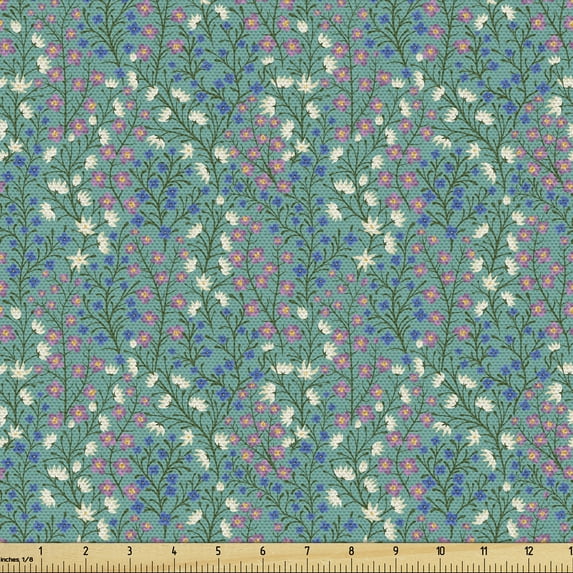 Leaves Fabric by the Yard Upholstery, Ornamental Nature Design with Petals on the Stalks Oriental Flowers Pattern, Decorative Fabric for DIY and Home Accents, Multicolor by Ambesonne