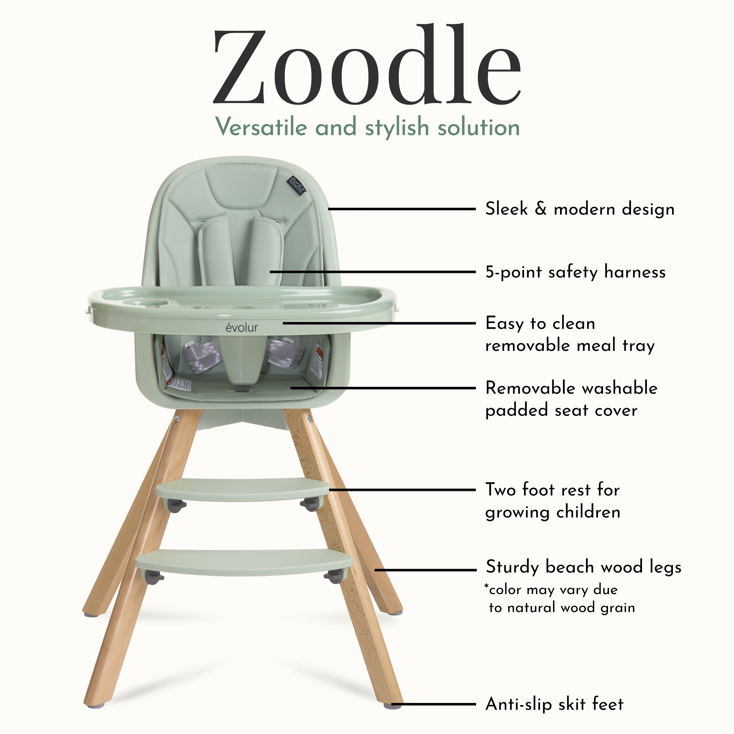 Evolur Zoodle 2-in-1 High Chair Booster Feeding Chair with Modern Design, Sage Green