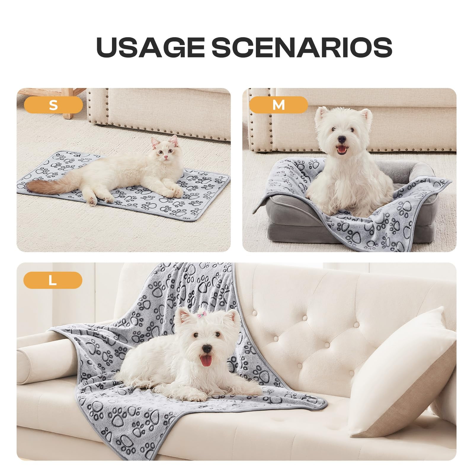BLRTUN 3 Pack Blankets Fluffy Premium Fleece Pet Blanket Flannel Paw Printed Throw for Dog Cat Grey Paw