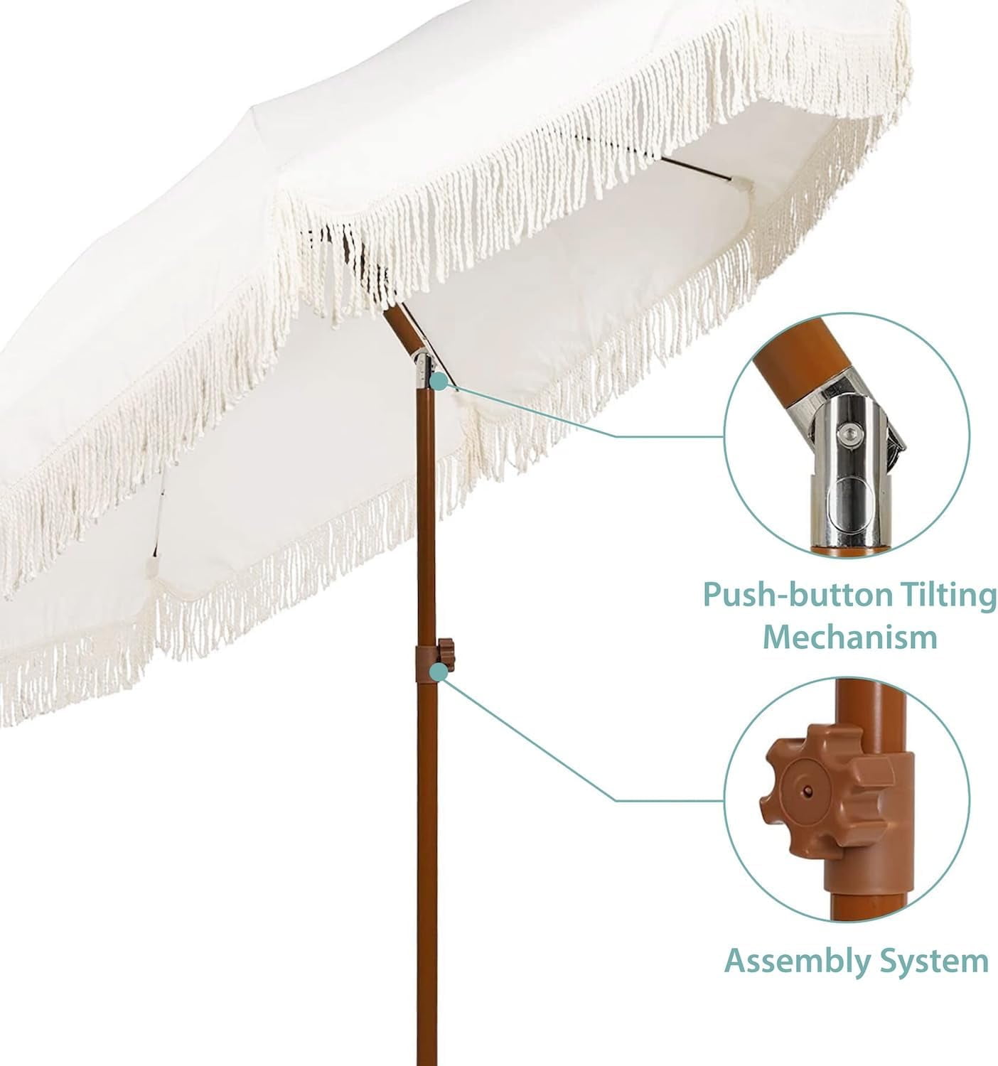 AMMSUN 7ft Fringe Patio Umbrella, Outdoor Table Tassels Umbrella with Push Button Tilt UPF50+ Shade Shelter,Cream White Camping Sun