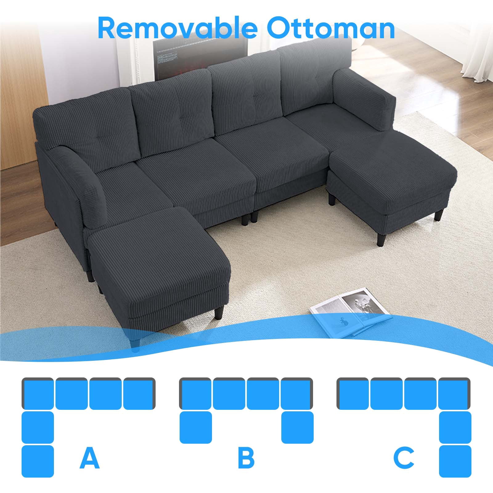 ijuicy Convertible U/L Shaped Sofa with Chaises, 6 Seater Couch for Living Room, Dark Gray