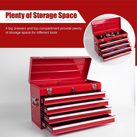 Excelo 21" 4-Drawer Portable Tool Chest, 300 lb Heavy-Duty Lockable Steel Tool Box with EVA-Lined Drawers for Garage & Workshop,Red