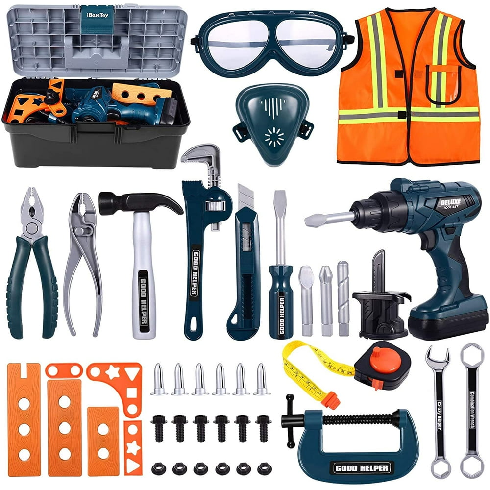 iBaseToy Kids Tool Box Set - 45 PCS Pretend Play Tool Toys for Toddler, Kids Electric Drill Tool