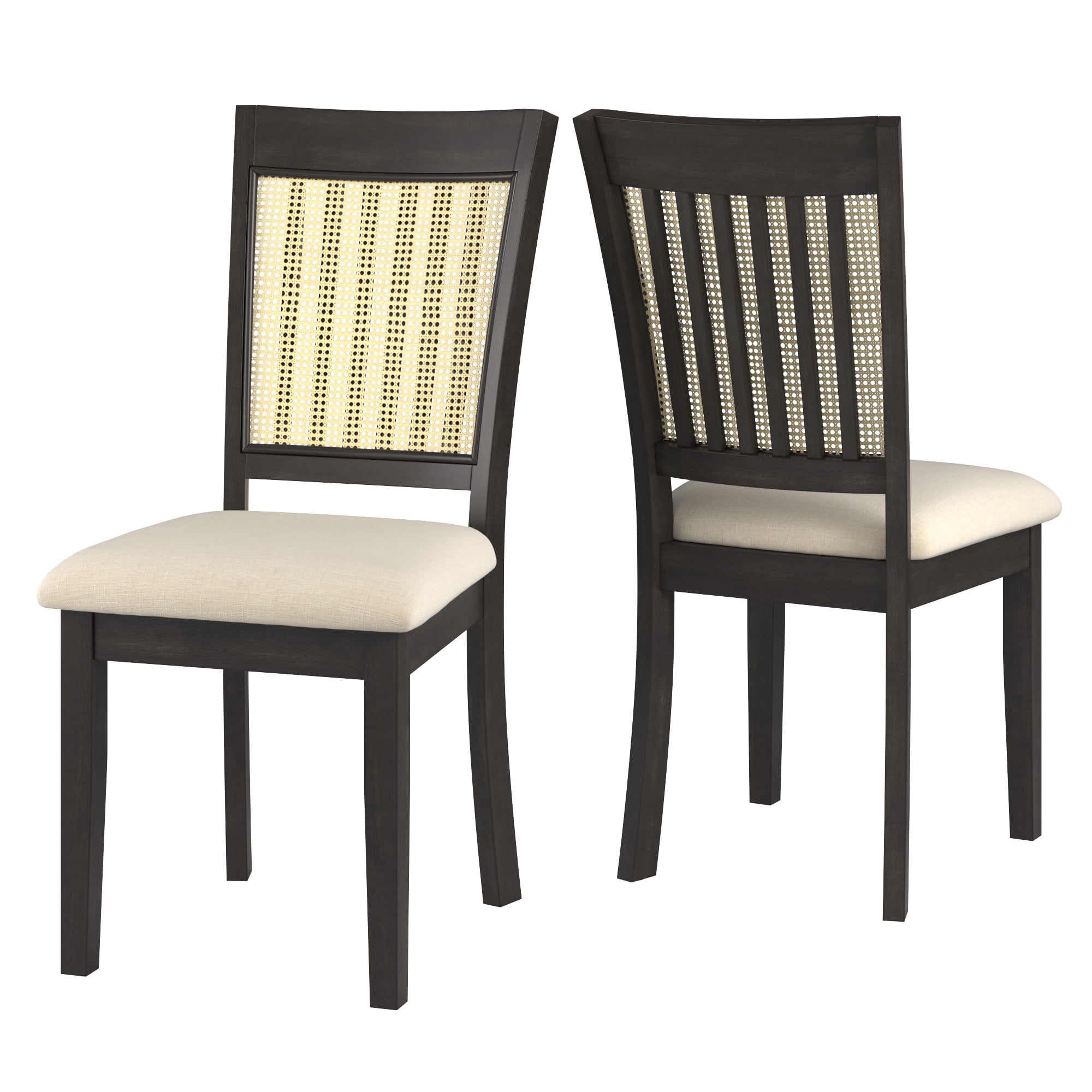 Weston Home Pulukan Cane Slat Back Dining Chair (Set of 2), Antique Black Finish, Beige Linen