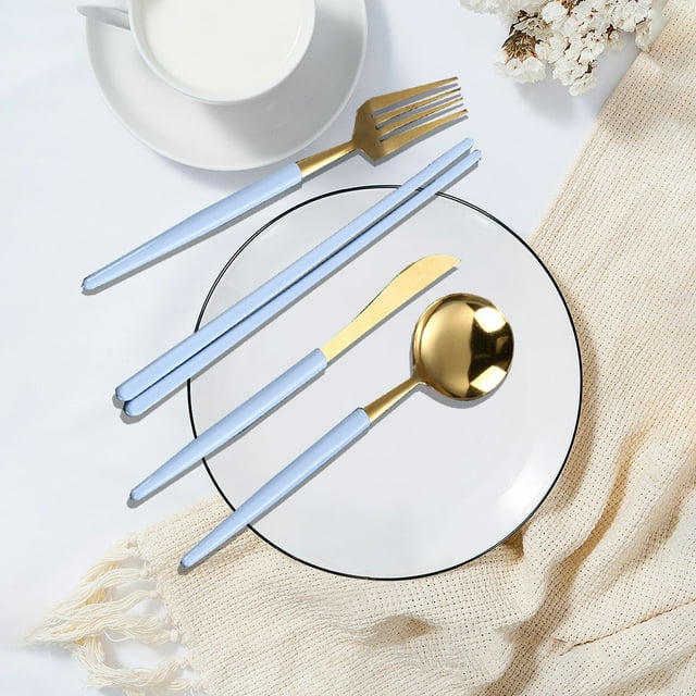 Ensemble de Couverts en Acier Inoxydable 4 Pcs, Ensemble de Couverts Portable Réutilisable 1.96*9.05 Pouces Ensemble d'Ustensiles de Voyage Incluant Baguettes Couteau Fourchette Cuillère Pailles Brosse de Nettoyage Compatible Lave-Vaisselle