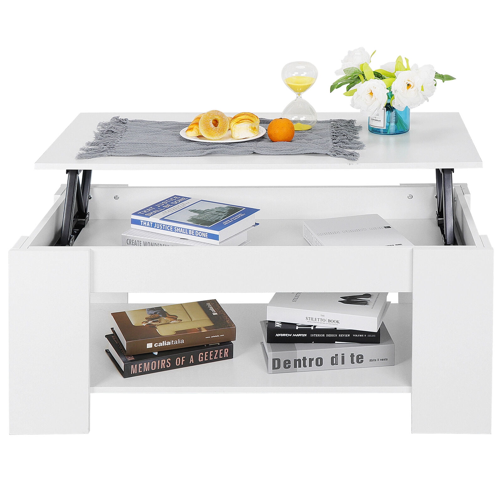 ZENSTYLE Rectangular Lift Top Coffee Table MDF Popup Storage, White
