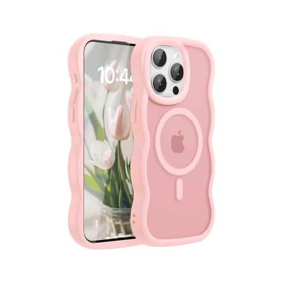 Magnetic for iPhone 15 Pro Max Case, Compatible with Magsafe Wavy Frame Cute Translucent Matte Hard Back Silicone Bumper Shockproof Phone Case for iPhone 15 Pro Max Women Girls, Pink