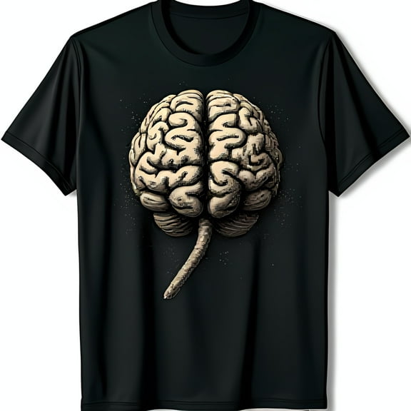 Intricate Beige Human Brain Graphic on Black T-Shirt for Neuroscience Enthusiasts