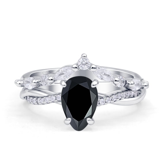 Teardrop Pear Twisted Infinity Style Bridal Two Piece Women Ring Simulated Black 925 Sterling Silver