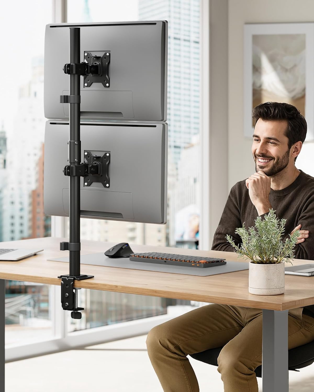monTEK Vertical Dual Monitor Mount for 17"–32" Screens, Stacked Adjustable Monitor Arm with 31.6" Tall Pole, Holds 22 lb per Screen, C-Clamp & Grommet Base, VESA 75/100mm, Black