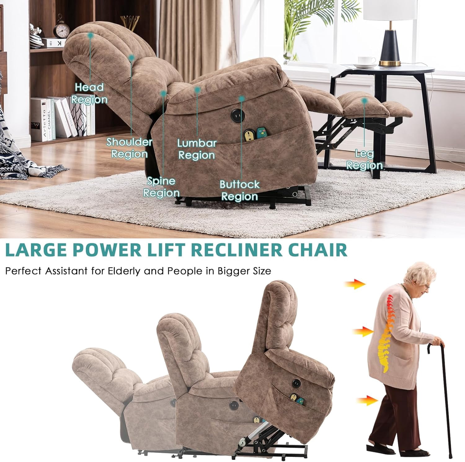 MEETWARM Power Lift Recliner for Seniors, Massage & Heated, USB Ports, Plush-Brown