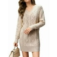 thumbnail image 2 of Womens V Neck Mini Sweater Dress Cable Knit Long Sleeve Casual Loose Fall Tunic Pullover Sweaters Apricot XXXL, 2 of 7