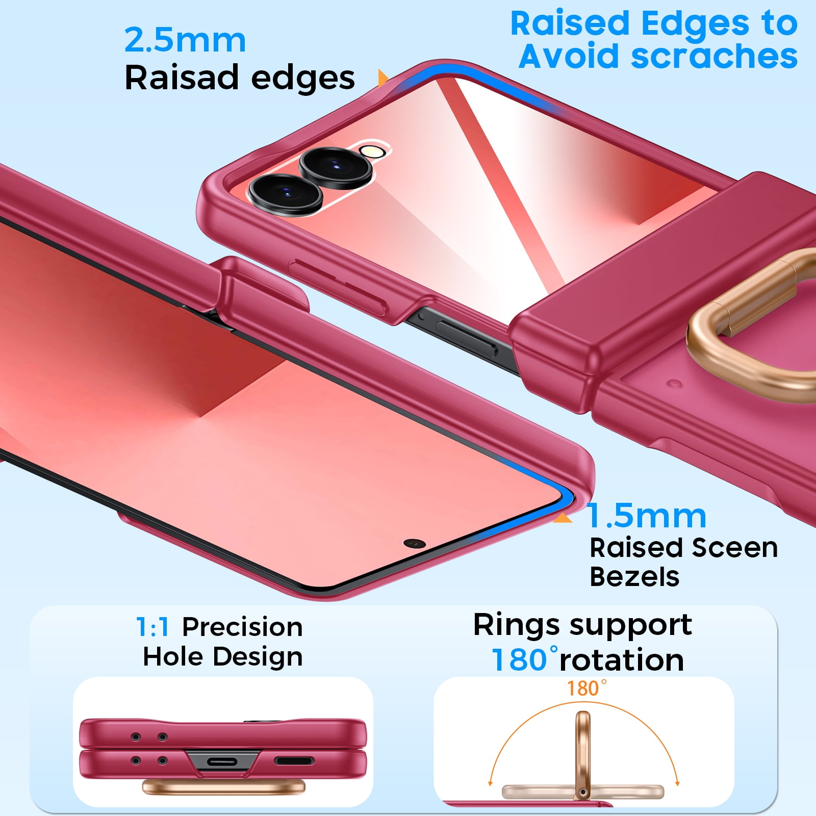 Vizvera for Samsung Galaxy Z Flip 7 Case with Ring Holder & Screen Protector & Hinge Protection,Wireless Charging,Skin Feel Matte PC,Shockproof Phone Case-Rose Red