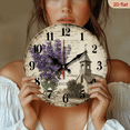thumbnail image 2 of 2D Flat 1pc 10Inch Wooden Vintage Farmhouse Wall Clock with Lavender Floral French Country Church Design - Large Black Hands, Beige Face, 20cm Rustic Wood Round Clock for Home Office, Dining Room, 2 of 7
