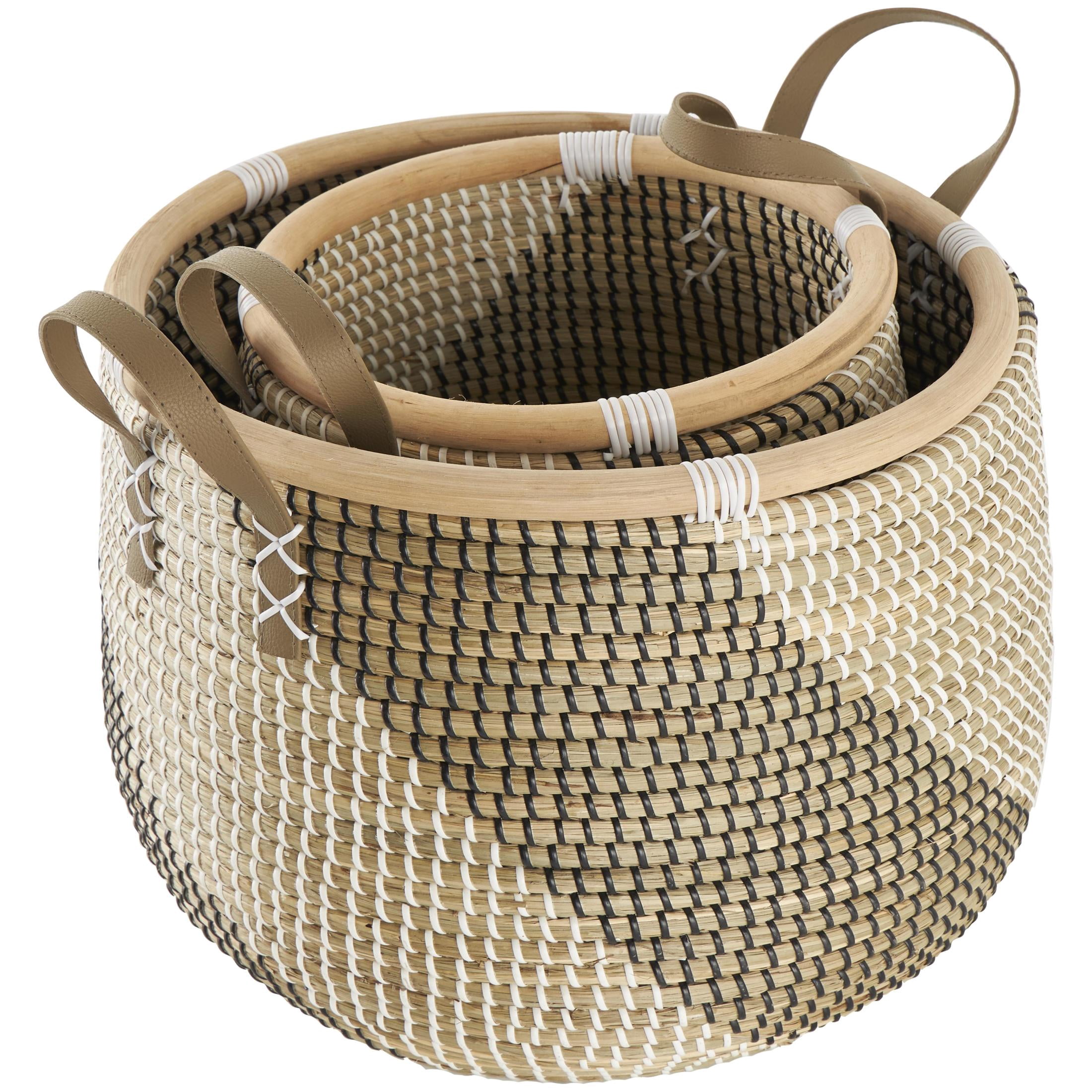 DecMode 18", 13"W Brown Seagrass Handmade Diagonal Striped Storage Basket with Leather Handles, 2-Pieces