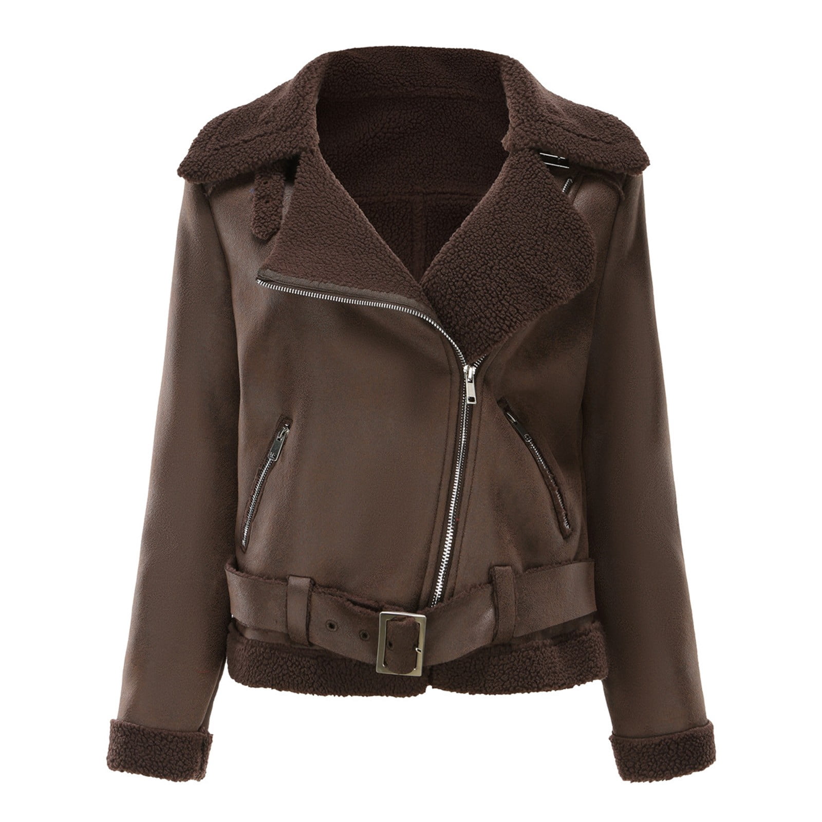 Usmixi Winter Faux Leather Jacket for Women Womens Suede Jacket Plus Size Fashion Side Zip Fuzzy Fleece Coats Casual Solid Pocket Bomber Outwear with Belt Faux Leather Jacket