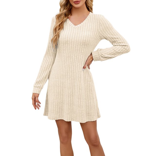 Robes d'Hiver Décontractées pour Femmes! Fadeal Nouvelle Robe Décontractée Unie à Col en V avec Poches Rayée Brossée à Manches Longues Robes d'Hiver pour Femmes Beige TG