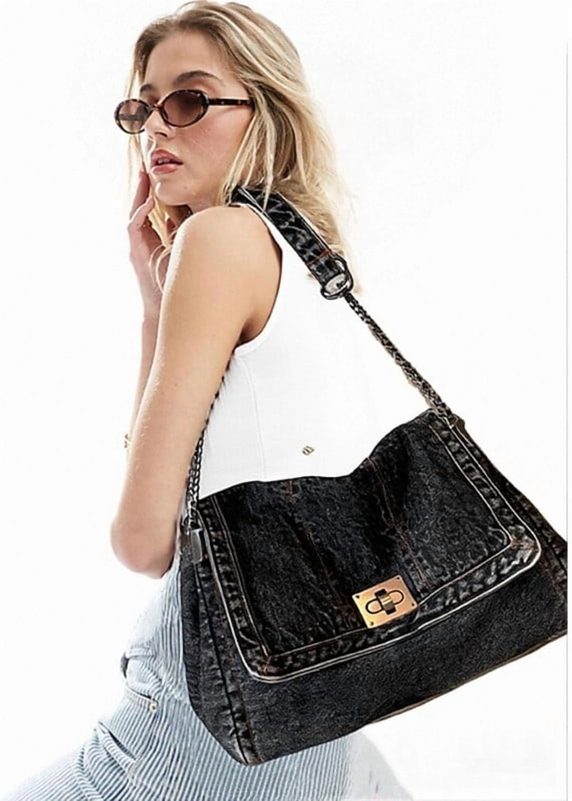 2026 Women's Casual Retro Denim Tote Bag, Lightweight Quilted Crossbody Purse with Chain Strap