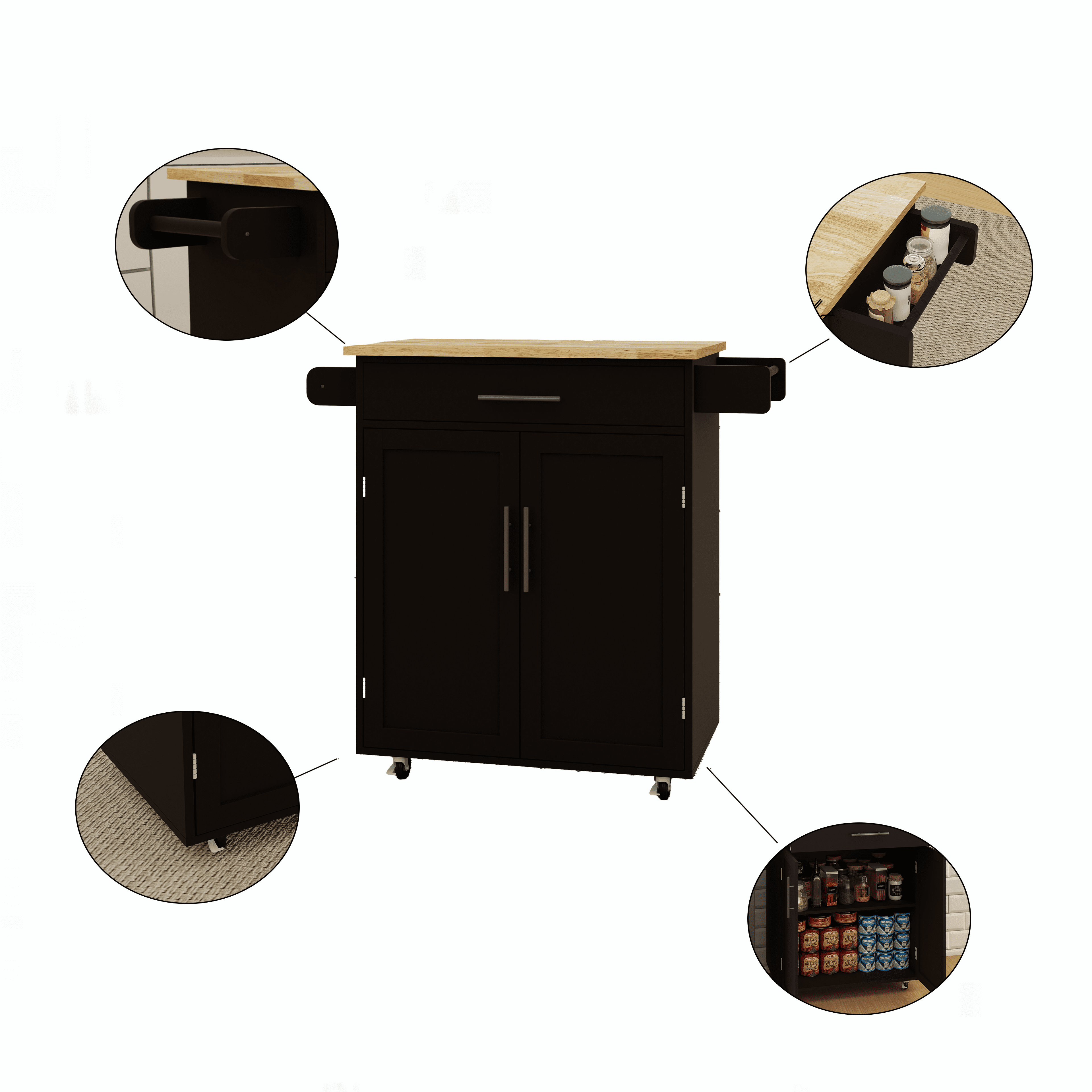 Kitchen Cart Rolling Kitchen Island with 1 Drawer, 2 Doors, Adjustable Shelves, Towel Rack and Seasoning Rack, Versatile Black Kitchen Island for Storage & Home Decor