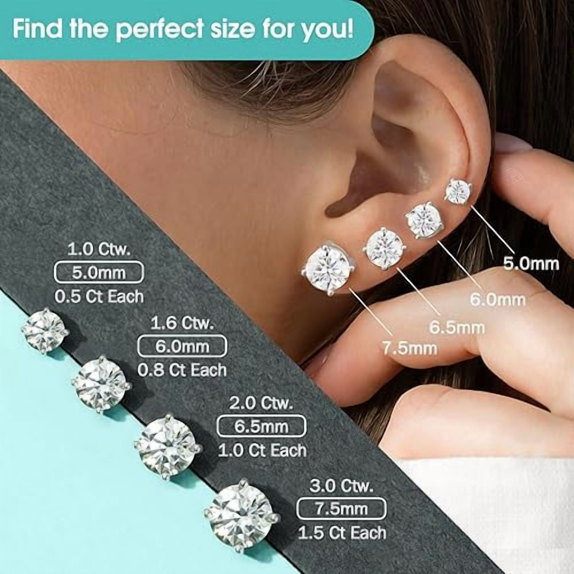 "Moissanite Lab Created Diamond Solitaire Stud Earrings 1.0ctw-3.0ctw | D Color VVS1 | Hypoallergenic 925 Sterling Silver | 14K White Gold Plated | Friction Back - Perfect Gift for Women & Men"