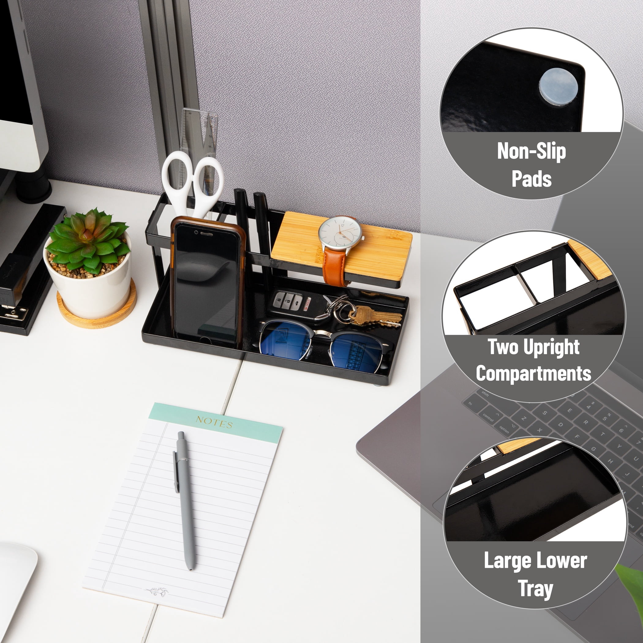 Mind Reader Steel and Wood Desktop Organizer,  Desktop Dock with Catchall Tray, Black