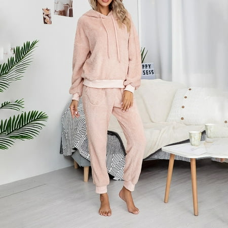 

Womens Long Warm Fleece Pajamas Suit Winter Thermal Hooded Sleepwear Loungewear