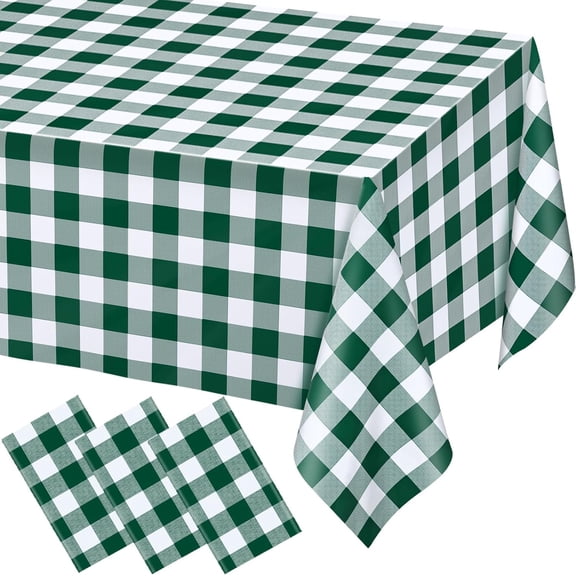 2 Pack Green and White Checkered Rectangular Plastic Tablecloths, Green Gingham Waterproof Disposable Table Covers 54" x 108" for Birthday, Wedding, Outdoor Picnic Camping Parties