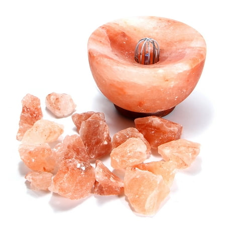 Natural Crystal Himalayan Rock Hand Carved Dimmable Salt Bowl Lamp with Salt Chips, Wood Base, Electric wire Air Purifying